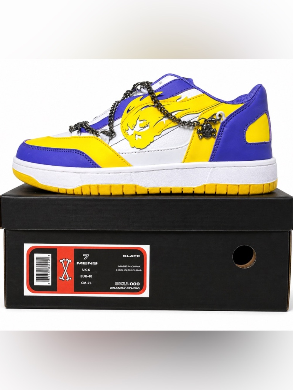 BrandX Studio Skull Chain Sneakers – Yellow/Purple/White – Men’s Size 7